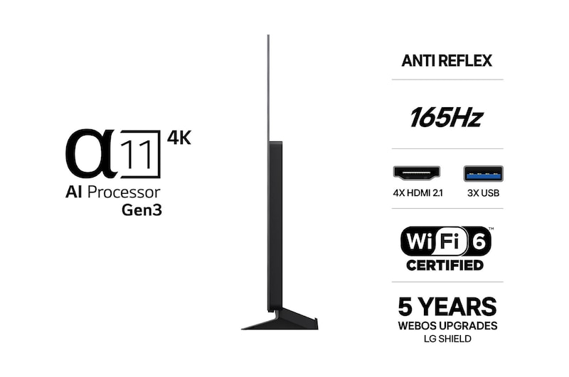 LG OLED evo AI C6 visad framifrån och från sidan framhäver en 48-tums skärm med en 1 071 mm bred skärm, en total höjd på 620 mm och ett superslimmat djup på 46,9 mm utan stativ.